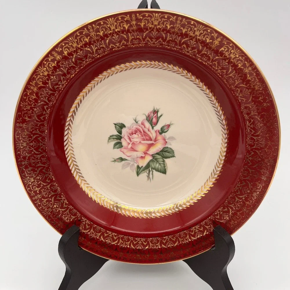 Homer Laughlin Lady Stratford Soup Bowl Set 4 Maroon Red Gold Rose Vintage